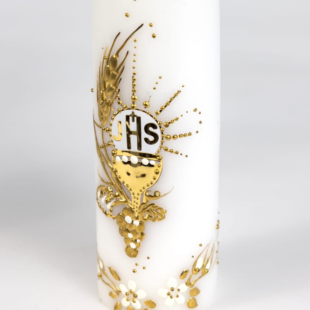 Świeca Komunia Święta IHS spalająca ręcznie malowana 23cm - biała - obrazek 2